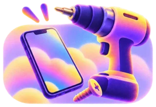 Celular, furadeira e parafuso